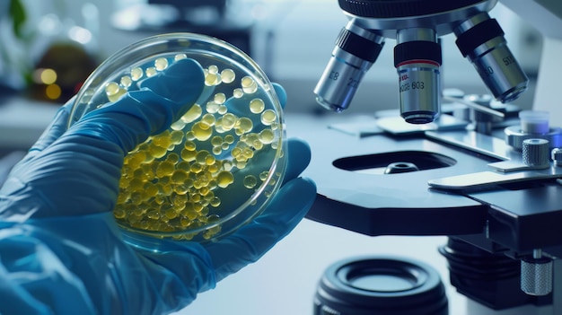 Photo a gloved hand holds a petri dish containing bacterial cultures with a microscope in the background