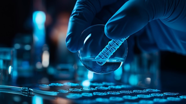 Photo a gloved hand holds a petri dish with a blue glowing strand of dna over a plate of other similar strands