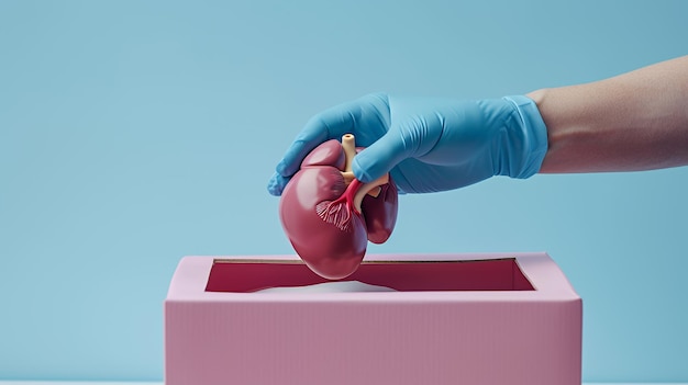 A gloved hand holds a red kidney model over a pink box against a light blue background