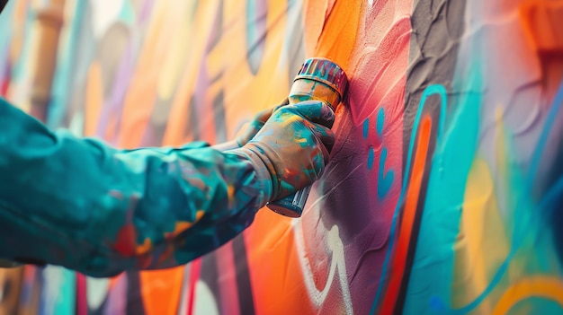 A gloved hand holds a spray paint can and sprays a wall with bright colors The background is a blurred wall with other graffiti