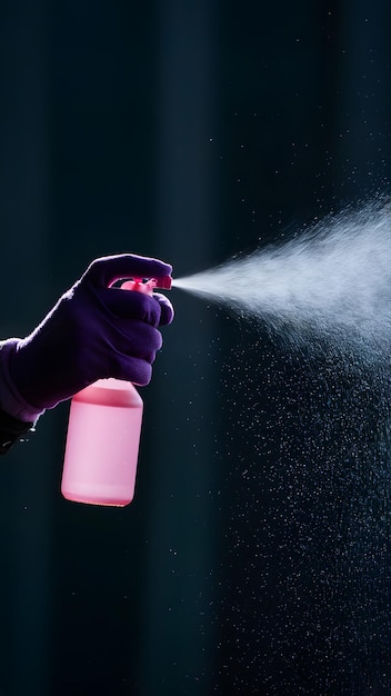 Photo gloved hand sprays mist vibrant action against dark background