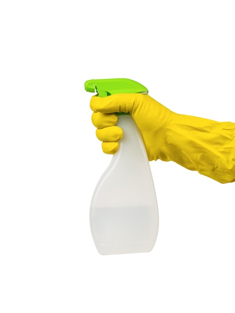 A gloved hand with a bottle of detergent isolated on a white background Cleaning concept Taking care of the house and health