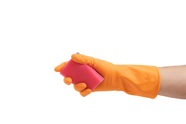 Gloved hand with a sponge for washing dishes, on white background.