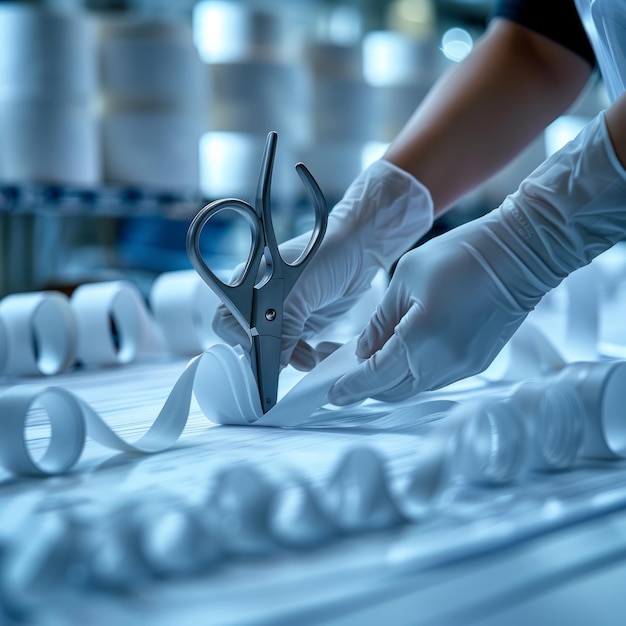 Photo gloved hands cutting white ribbon with scissors on a table