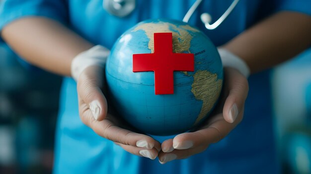 Photo gloved hands holding a globe with a red cross