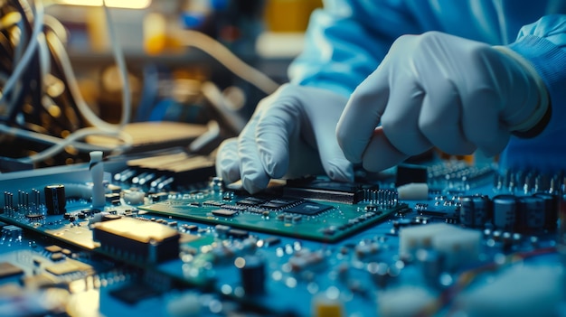 Gloved hands meticulously assemble components on a circuit board highlighting the precision and intricacy of modern technology and engineering