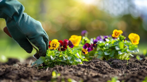 Gloved hands plant bright violas in the fertile soil under a radiant sunlight