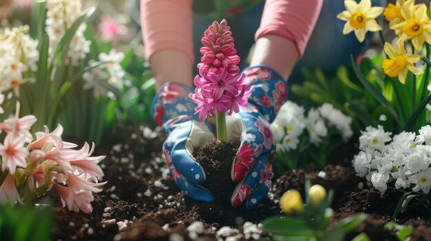 Photo gloved hands planting bulbs among a vibrant array of spring flowers