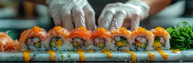 Photo gloved hands preparing fresh salmon sushi rolls with avocado crab and mango