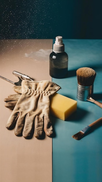 Gloves brush sponge spray bottle on dual backdrop