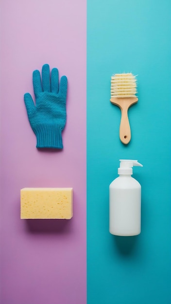 Gloves brush sponge spray bottle on dual backdrop