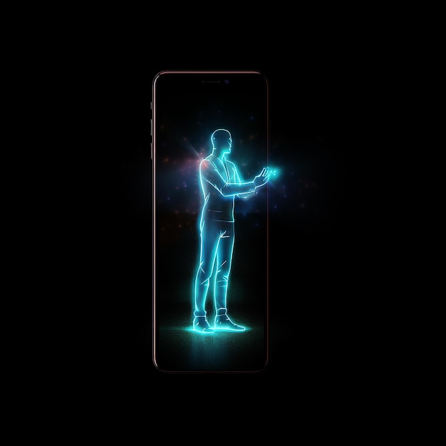 Photo glow line hologram icon of man holding phone