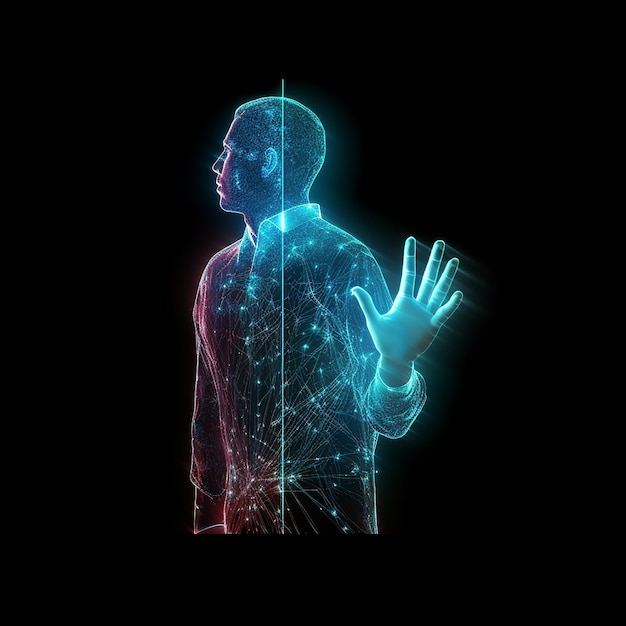 Photo glow line hologram icon of man holding phone