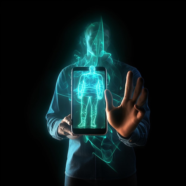 Photo glow line hologram icon of man holding phone