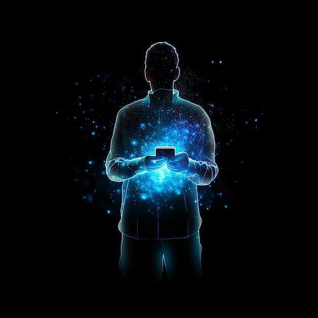 glow line hologram icon of man holding phone