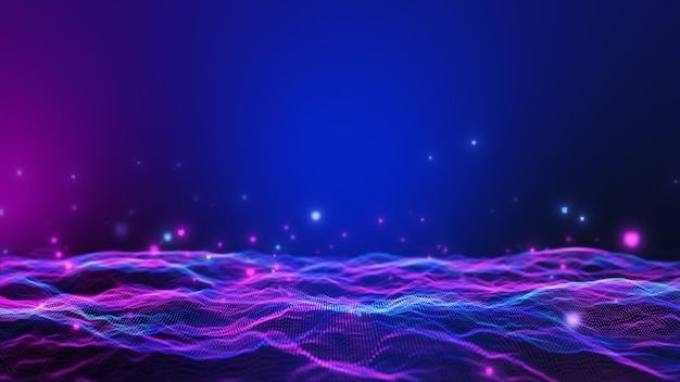 Glow purple blue digital landscape with cube particle Crypto currency big data block chain and digital technology concept 3D Rendering