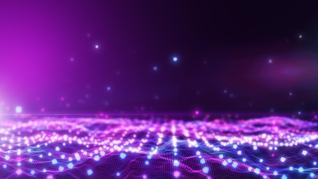 Glow purple blue digital landscape with cube particle