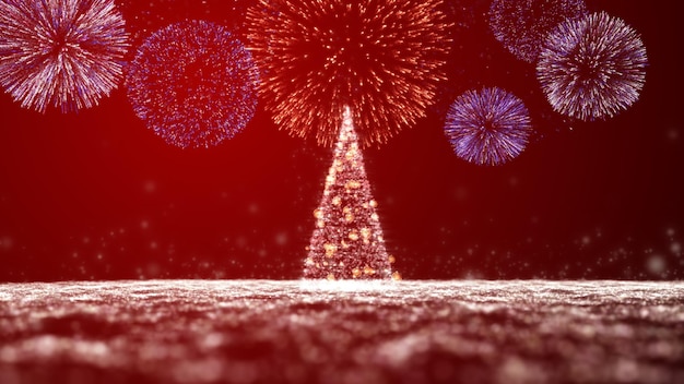 Glow white particles glittering Christmas tree and Fireworks on transparent isolated background