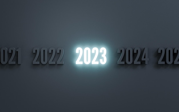 Glowing of 2023 year among normal number dark black background for preparation merry Christmas and happy new year concept by 3d render illustration