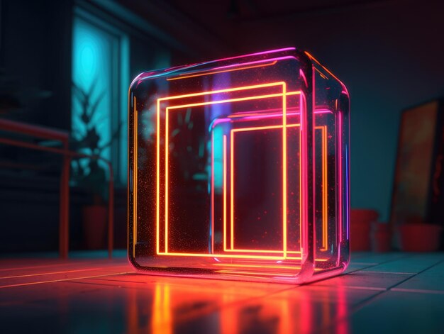 Glowing 3d objects yellow neon square shape Generative AI