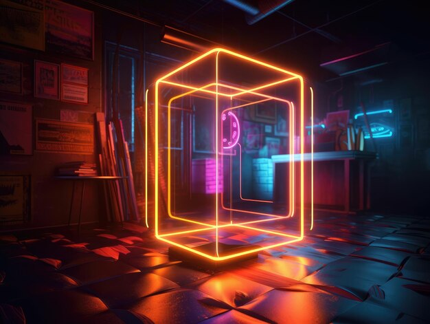 Glowing 3d objects yellow neon square shape Generative AI