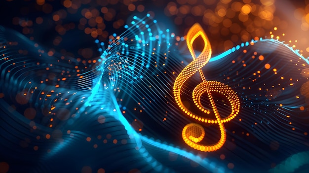 Glowing 3D Treble Clef Surrounded by Sound Waves Representing Music and Rhythm