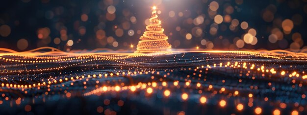 Photo glowing abstract christmas tree with glittering lights on digital wave background