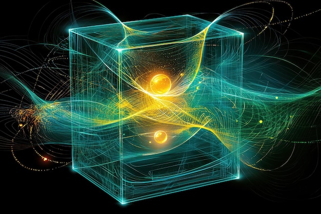 Photo glowing abstract cube with radiant energy swirls and particles