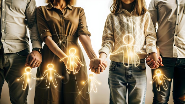 Photo glowing abstract family hands with connection lines concept as a sleek digital art banner featuring