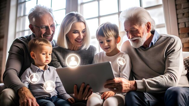 Glowing Abstract Grandparents and Grandchildren Sharing Stories concept as A vibrant digital art ban