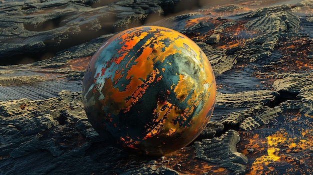 Photo a glowing abstract sphere rests on a fiery textured surface