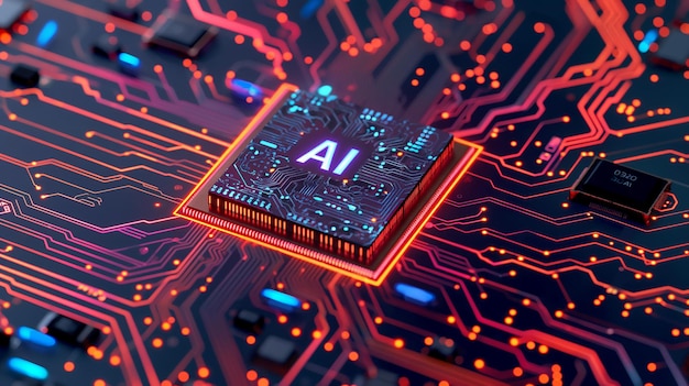 Photo a glowing ai chip on a circuit board symbolizing the pulse of modern technology and artificial intel