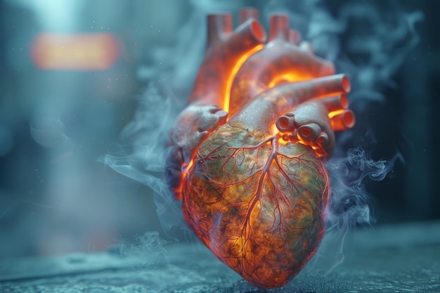 Glowing anatomical human heart surrounded by ethereal smoke