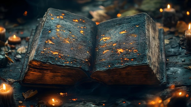 Photo glowing ancient book with candles illustration