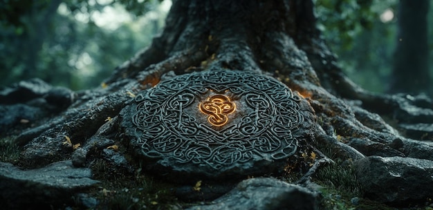 Photo glowing ancient rune stone embedded in yggdrasil tree roots in mysterious forest