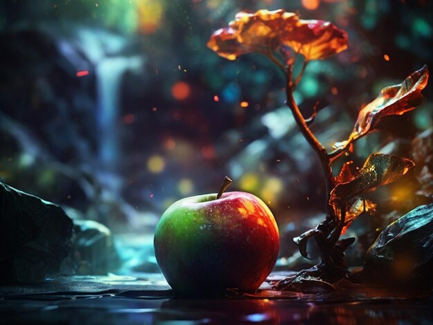 Photo glowing apple on fiery backdrop with abstract texture ai generated