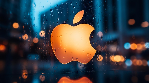 Glowing Apple logo illuminated by lights on a strikingly contrasting background