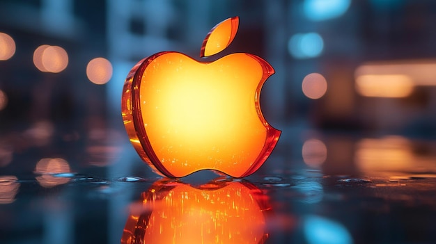 Glowing Apple logo illuminated by lights on a strikingly contrasting background