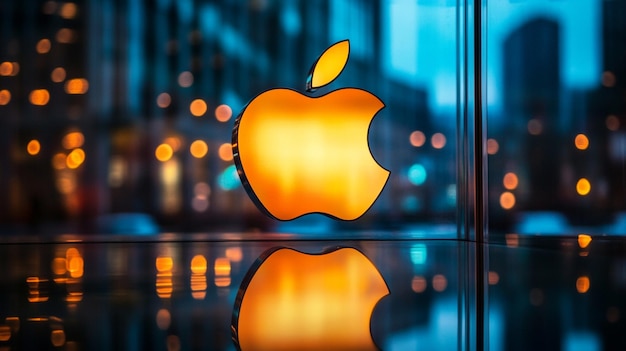 Glowing Apple logo illuminated by lights on a strikingly contrasting background