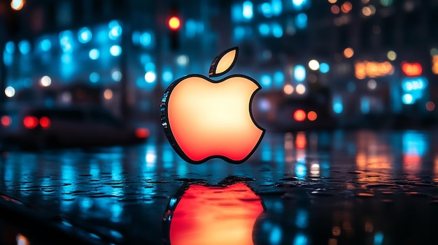 Glowing Apple logo illuminated by lights on a strikingly contrasting background