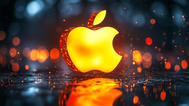 Glowing Apple logo illuminated by lights on a strikingly contrasting background