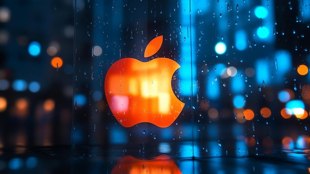 Glowing Apple logo illuminated by lights on a strikingly contrasting background