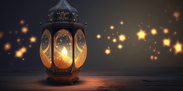 glowing arabic lantern on wooden floor with starry night sky background