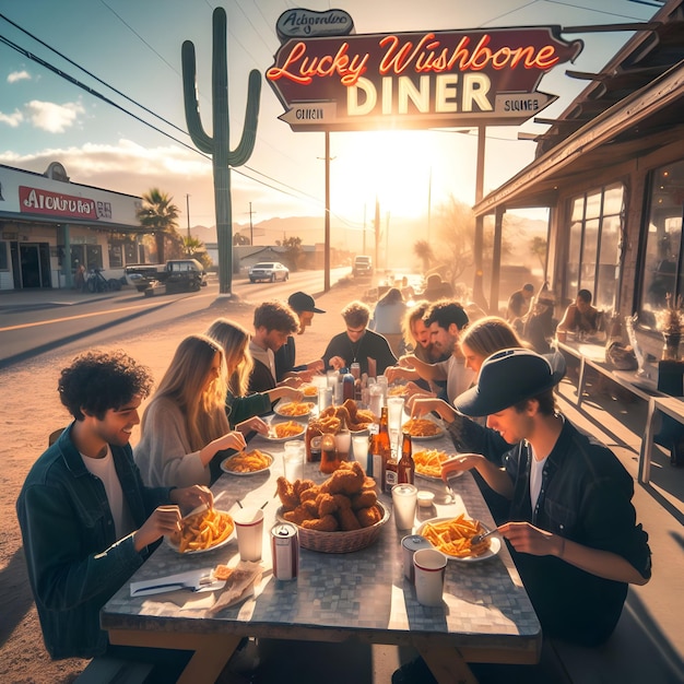 Under the glowing Arizona sun a group of friends gathers at the quaint Lucky Wishbone diner eagerl