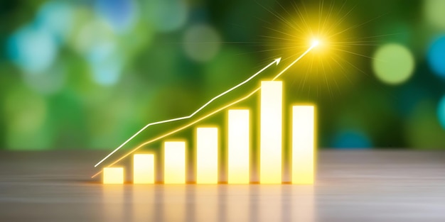 Glowing Arrow on Rising Bar Graph Illustrating Growth and Success on Green Background