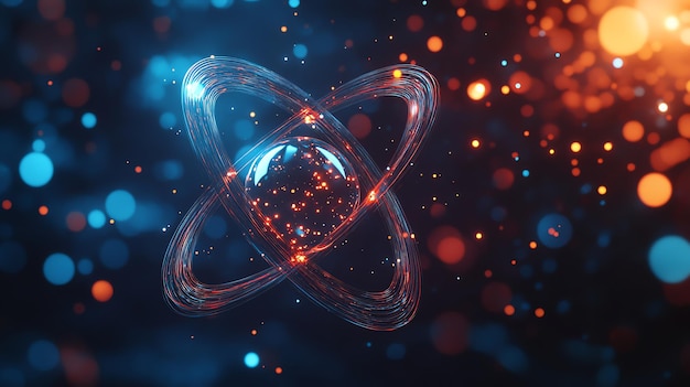 Photo a glowing atom illustration with red and blue orbs