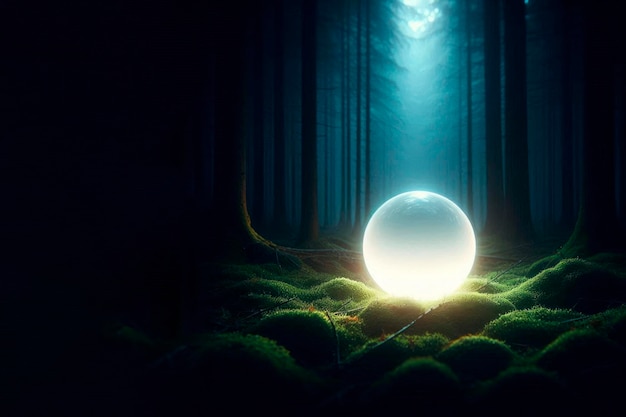 A glowing ball in the night forest a magical source of power Space for text