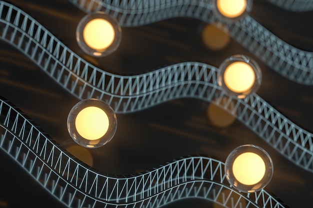 Photo glowing balls with abstract curve lines 3d rendering