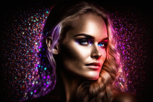 Glowing beautiful face with glittering make up on girl in hyper realistic