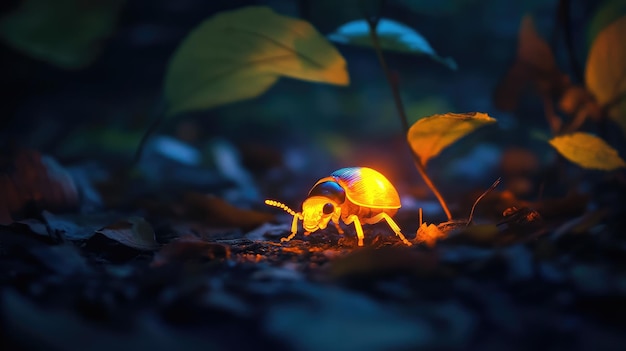 Photo a glowing beetle in the forest with a glowing light